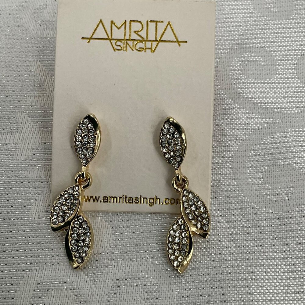 Amrita Singh Crystal‎ Leaf Drop Earrings Gold Tone